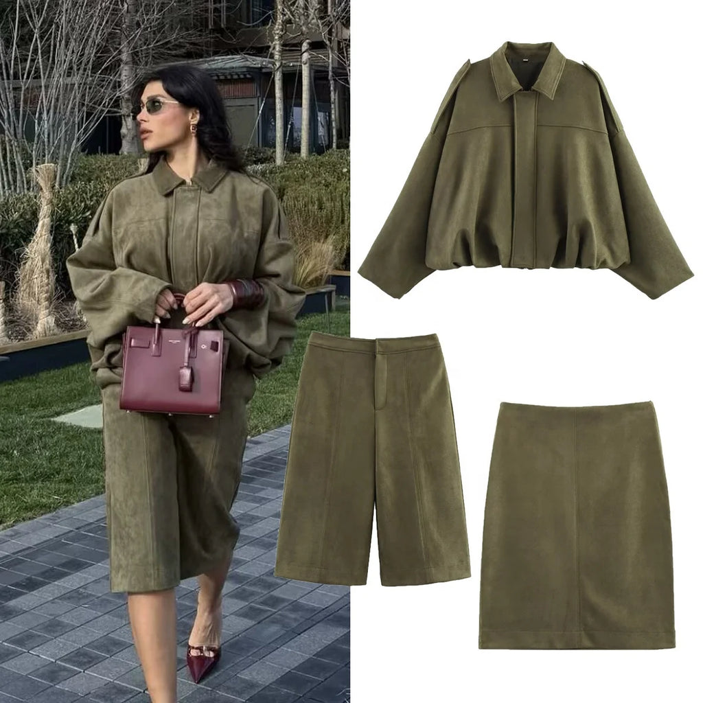 OUDINA Wholesale New Casual Zipper Green Suede Texture Effect Coat Windbreaker Bomber Varsity Jacket Women's Jackets
