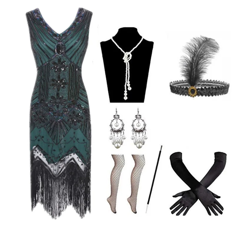 Halloween Cosplay Dress for Women 1920s Vintage Flapper Long Fringe Beaded Gatsby Party Dress With 20s Accessories Set