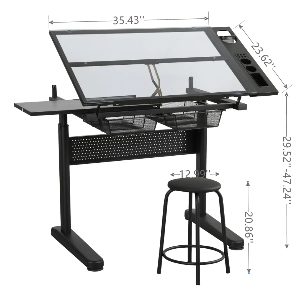 Hand Crank Adjustable Drafting Table Drawing Desk with 2 Metal Drawers (BLACK)WITH STOOL