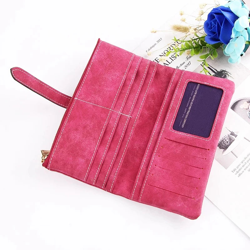 Vintage Women Long Standard Wallets Purse Fold Drawstring Nubuck Leather Zipper Suede Bag Female Simple Design Clutch Handbags