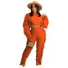 2025 Fall Winter Plus Size Women Clothing Long Sleeve Crop Top Two Piece Pants Set Drawstring Tassel Fringe Pants 2 Piece Set