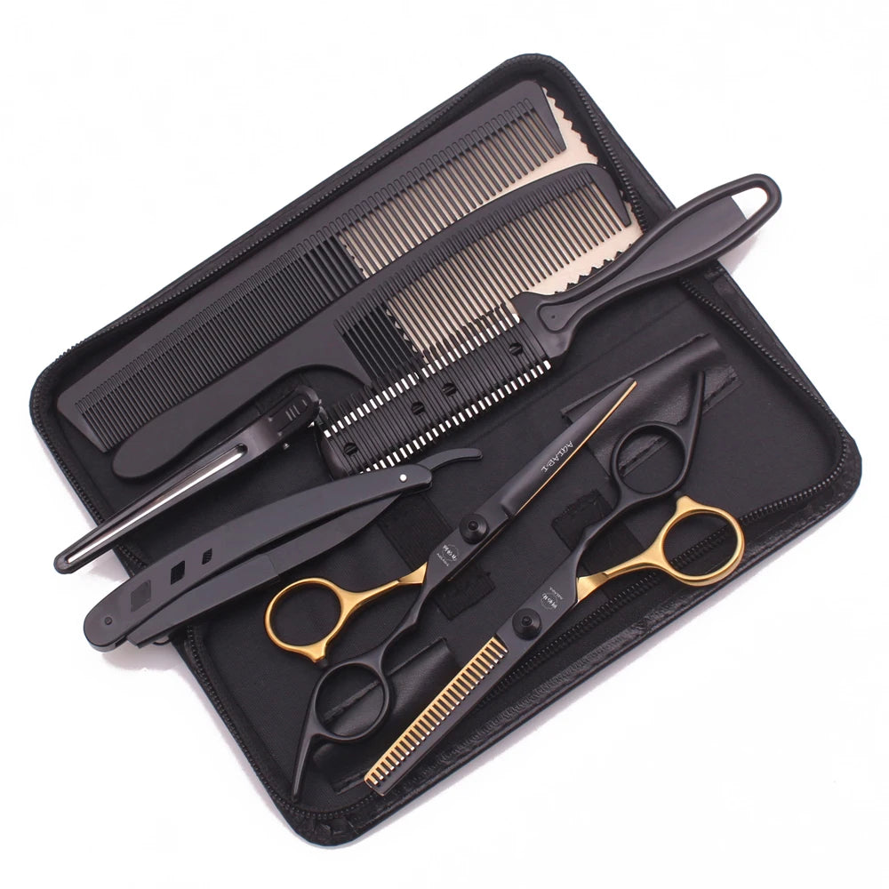 Hair Scissors Set Japan Stainless 6" Sharp Thinning Shears for Barber Shop Haircut Salon C1001 Gold Black Hairdressing Scissors