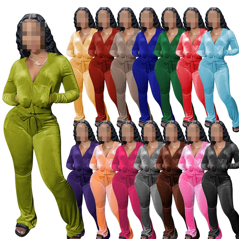 Ladies 2pcs Flare Pants Outfit Gym Wear Sweatpants and Hoodie Velour Joggers Sweatsuits Velvet Two Piece Set Tracksuit for Women