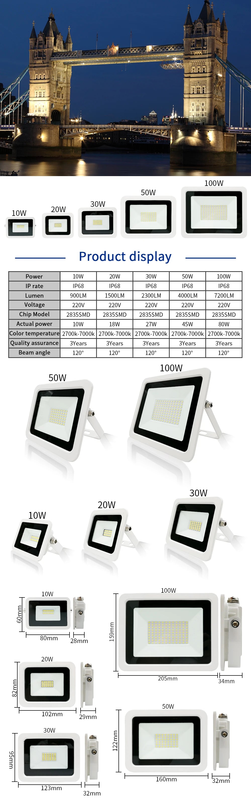 LED Flood Light 10W 20W 30W 50W 100W Floodlight IP68 Waterproof 220V-240V Spotlight Refletor Outdoor Graden Lighting Newest