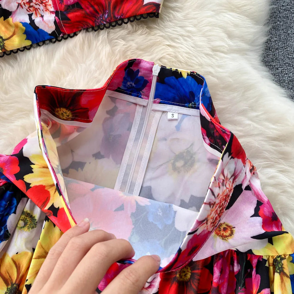 ANSZKTN and the United States Vacation Style ANSZKTN Print Suit Female Short Sling Top Pleated Skirt Set