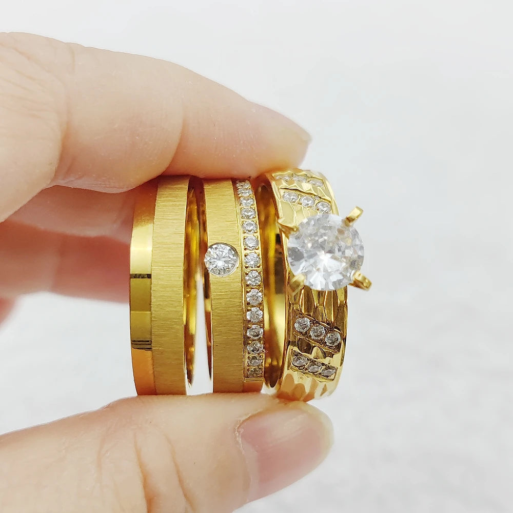 European Jewelry Luxury Alliances Bridal Set Golden Titanium Rings Western Promise Wedding Engagement Rings Couples