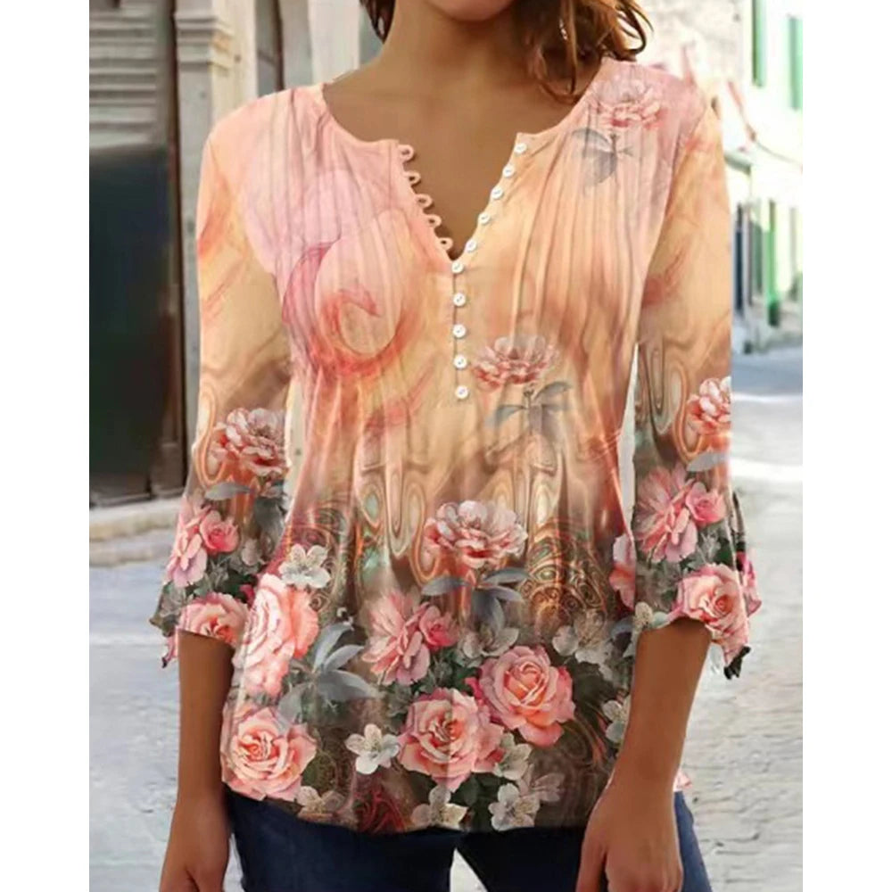 2024 Spring Summer New Fashion Women's Casual Floral Print V-Neck Elegant T-Shirt Full Sleeved Pleated Button T-shirt