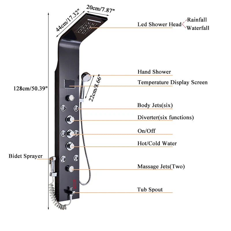 ULGKSD Black/Brushed Bathroom Shower Faucet LED Shower Panel Column Bathtub Mixer Tap With Hand Shower Temperature Screen