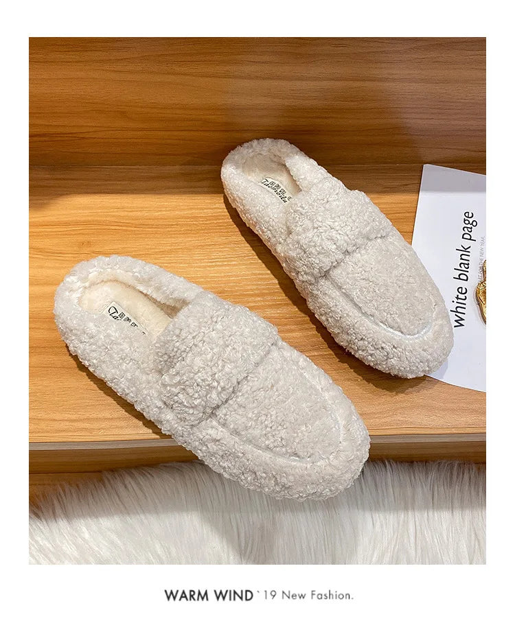 Winter Warm Plush Mules Women One Band Fur Slippers Cozy Cotton Shoes Woman Flats Cover Toe Fleeces Slides Femme Wool Pantuflas