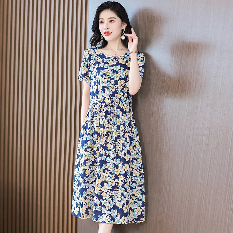 Women Floral Printed Summer Dresses O-neck Short Sleeve Fashion Printing Women's Simple Flower A-line Casual Dress