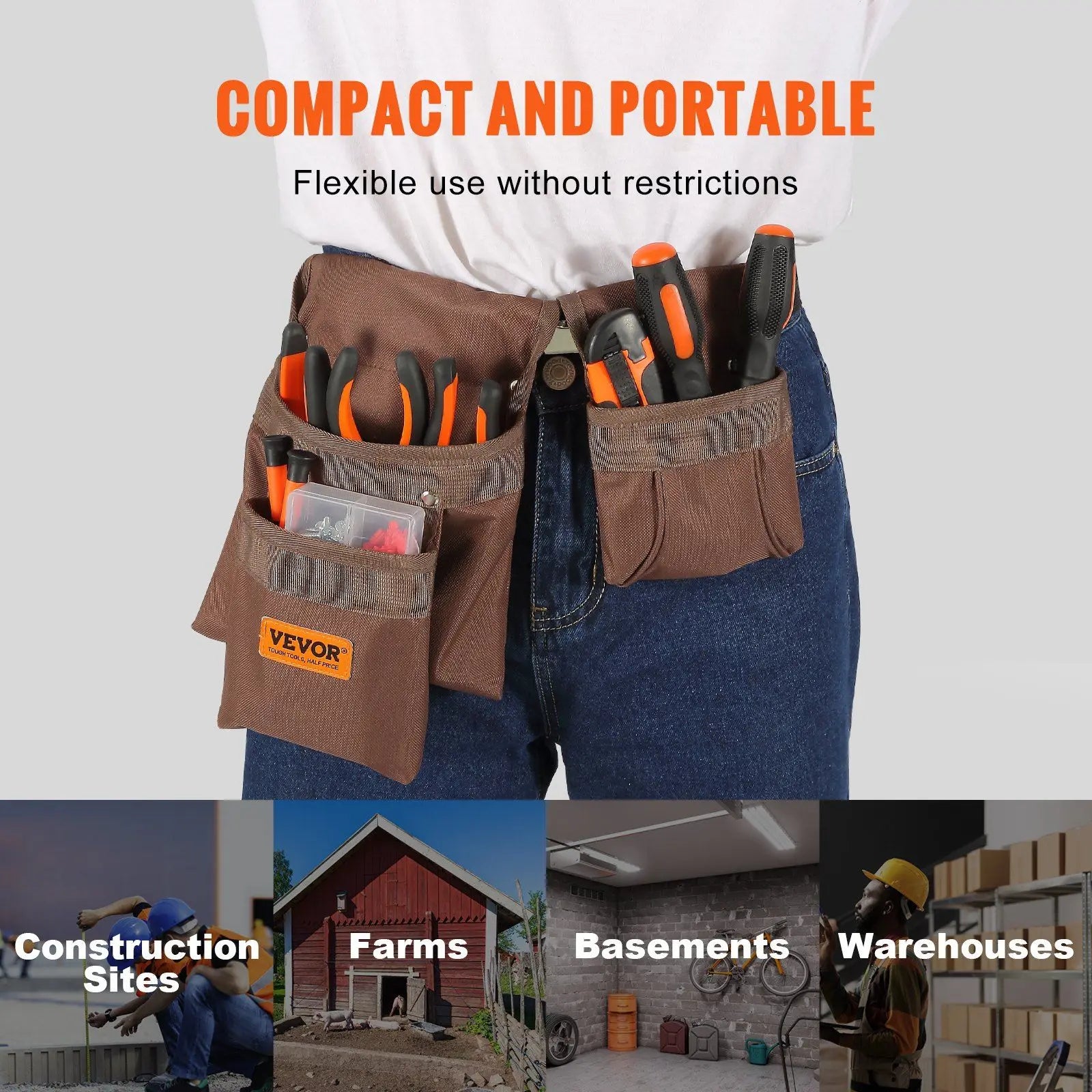 VEVOR Tool Belt, Adjusts from 29 Inches to 54 Inches, Polyester Heavy Duty Tool Pouch Bag, Detachable Tool Bag