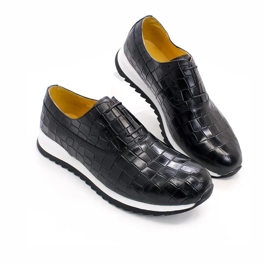 Premium Quality Handmade Italian Men Oxford Sneakers Shoes Genuine Leather Print Lace-Up Casual Shoes