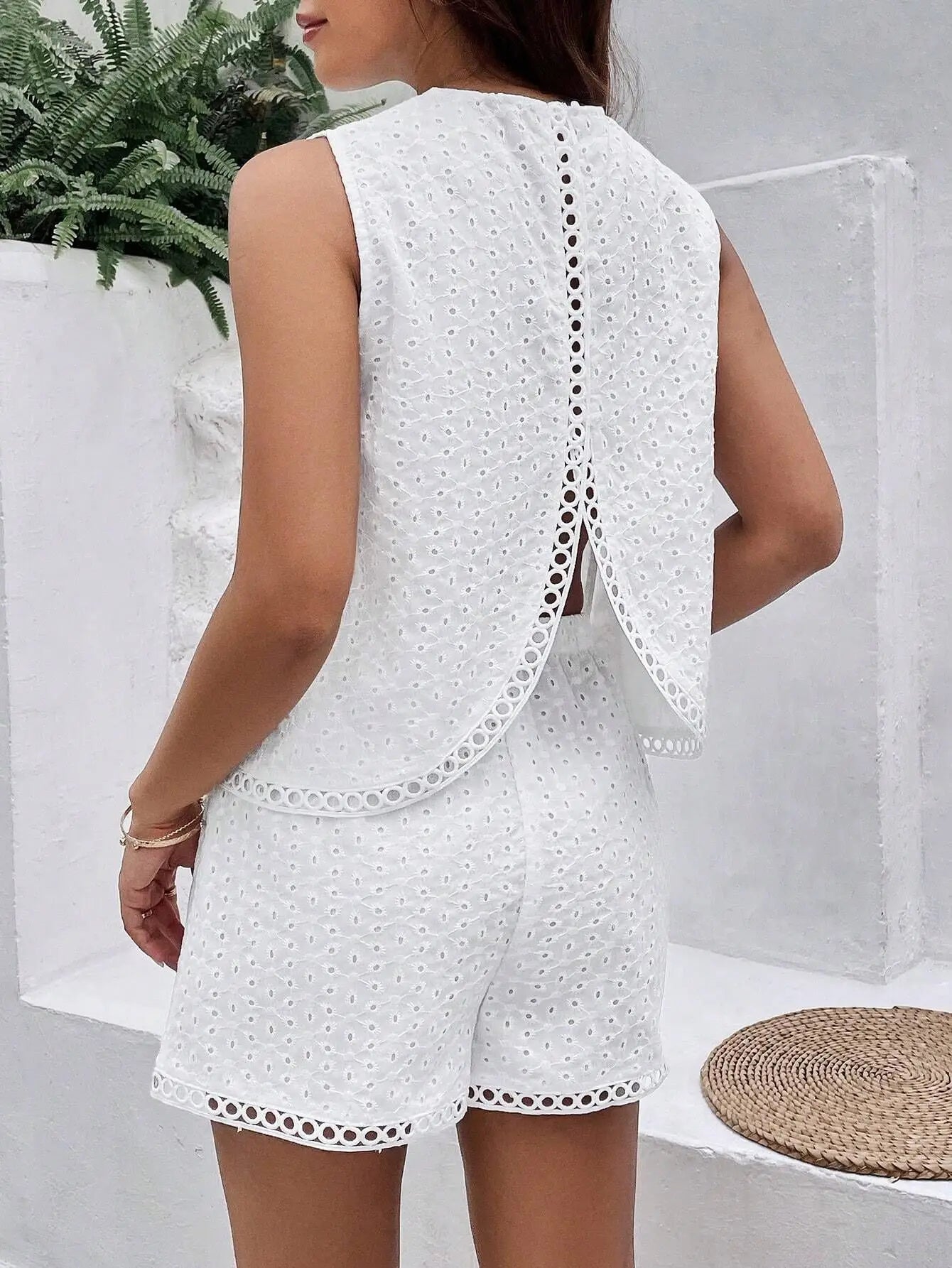 Hollow Out Embroidery Sexy Two-piece Set Camisole Vest Short Set Summer Vacation Style Outerwear Sleeveless Top Shorts Women's