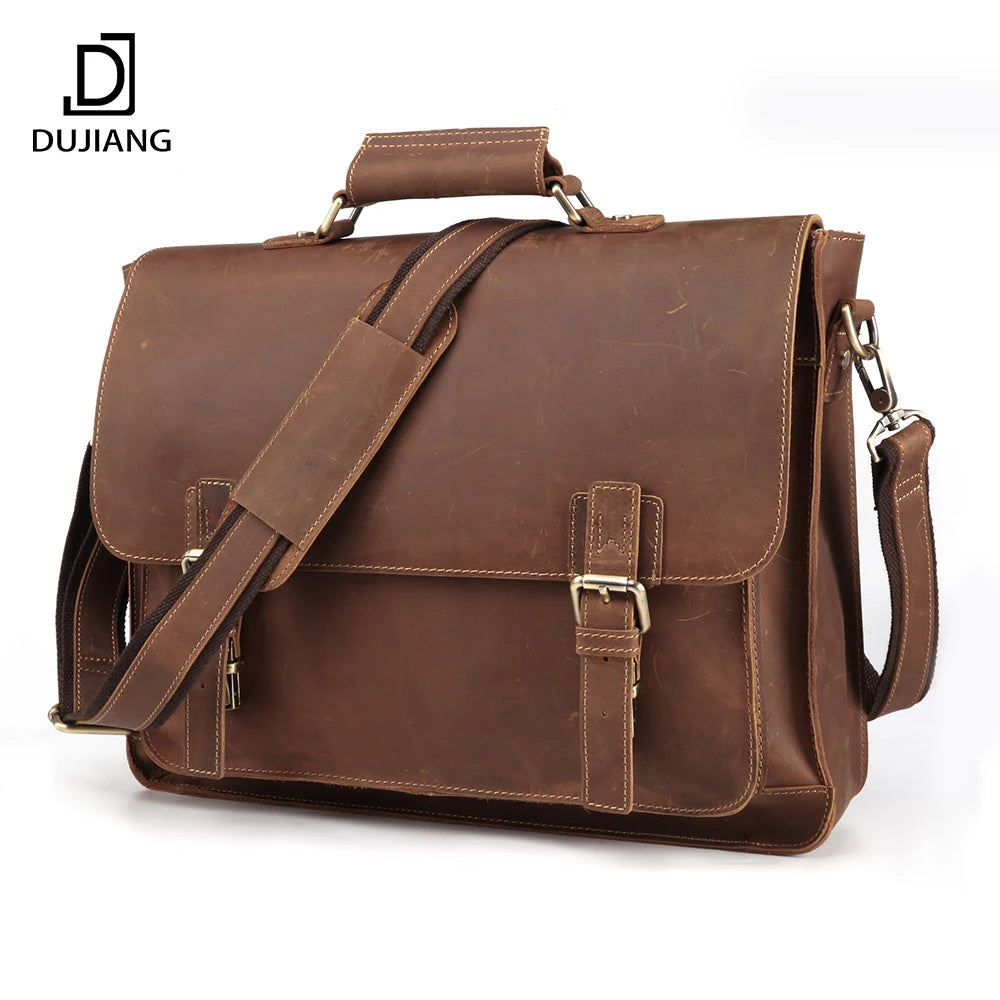 Men's Retro Crazy Horse Genuine Leather Briefcase Business Handbag and Computer Bag with Multifunctional Style