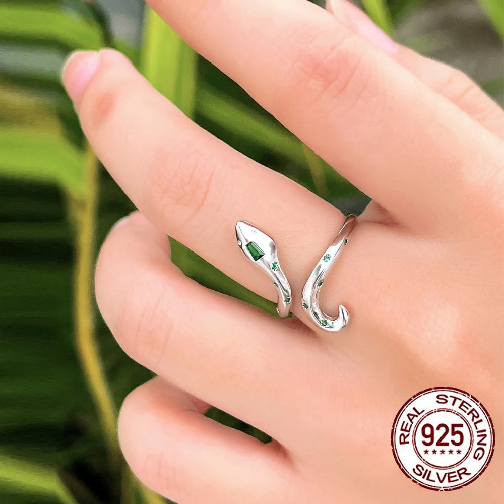 Fashion Design Cubic Zirconia 925 Sterling Silver Snake Ring Woman Bulk Resizable Ope Size Thin Snake Rings for Lady