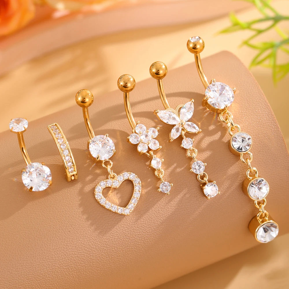 Set 6 Stainless Steel Gold-Plated Heart-Shaped Butterfly Navel Rings Cubic Zirconia 14G Bar Belly Button Piercing Rings Weddings