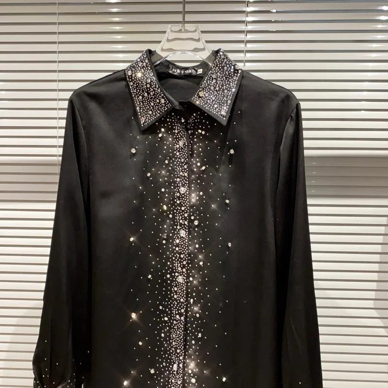 OUDINA New Style Starry Rhinestones Hot Diamond Long Sleeve Blouse Cotton Custom Polo Shirt Shirts for Women