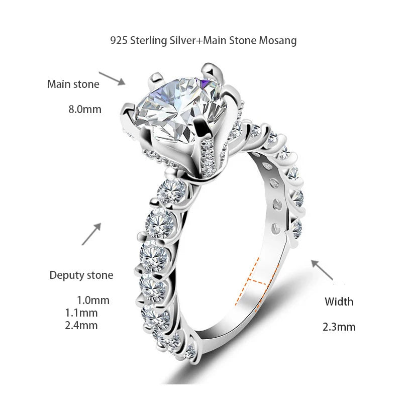 Wedding Ring Wholesale 925 Sterling Silver Casual Rings 2ct Big Moissanite Rhodium Plated for Ladies