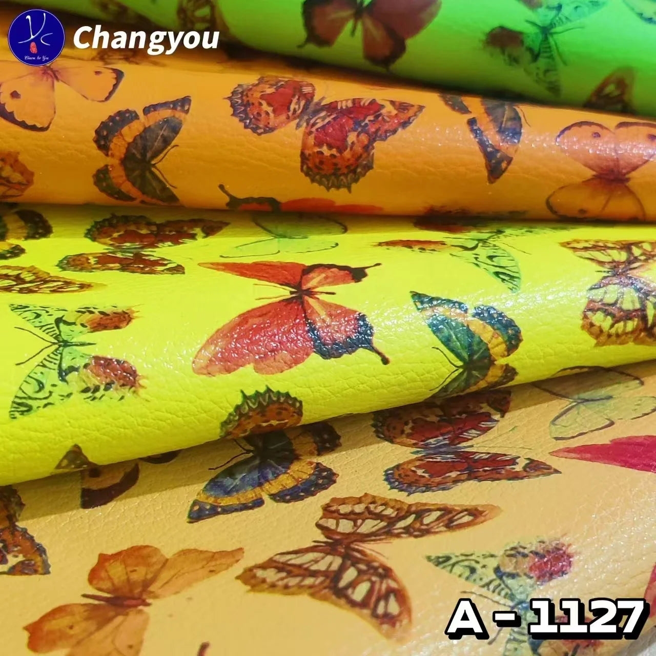 A-1127 PU Synthetic Leather Glitter Effect Butterflies Design Durable Fabric for Fashion Bags Shoes Sofas Outdoor Garment Use