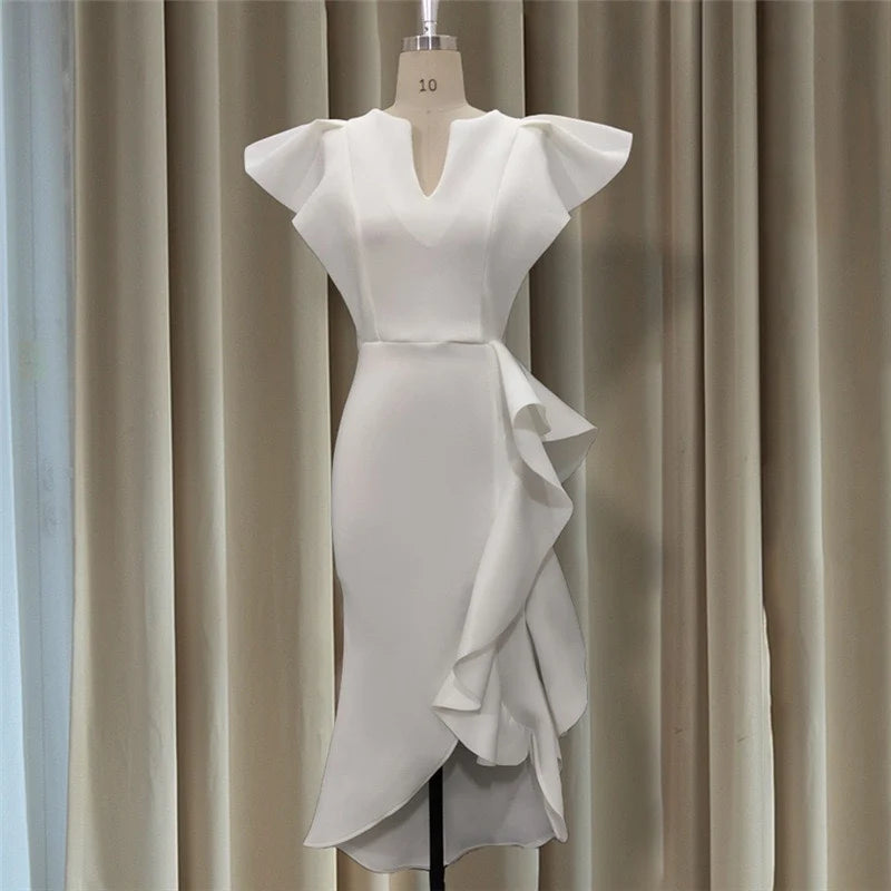A80081 Manufacturer High Waisted Cap Sleeve Ruffles Midi Evening Dress Women