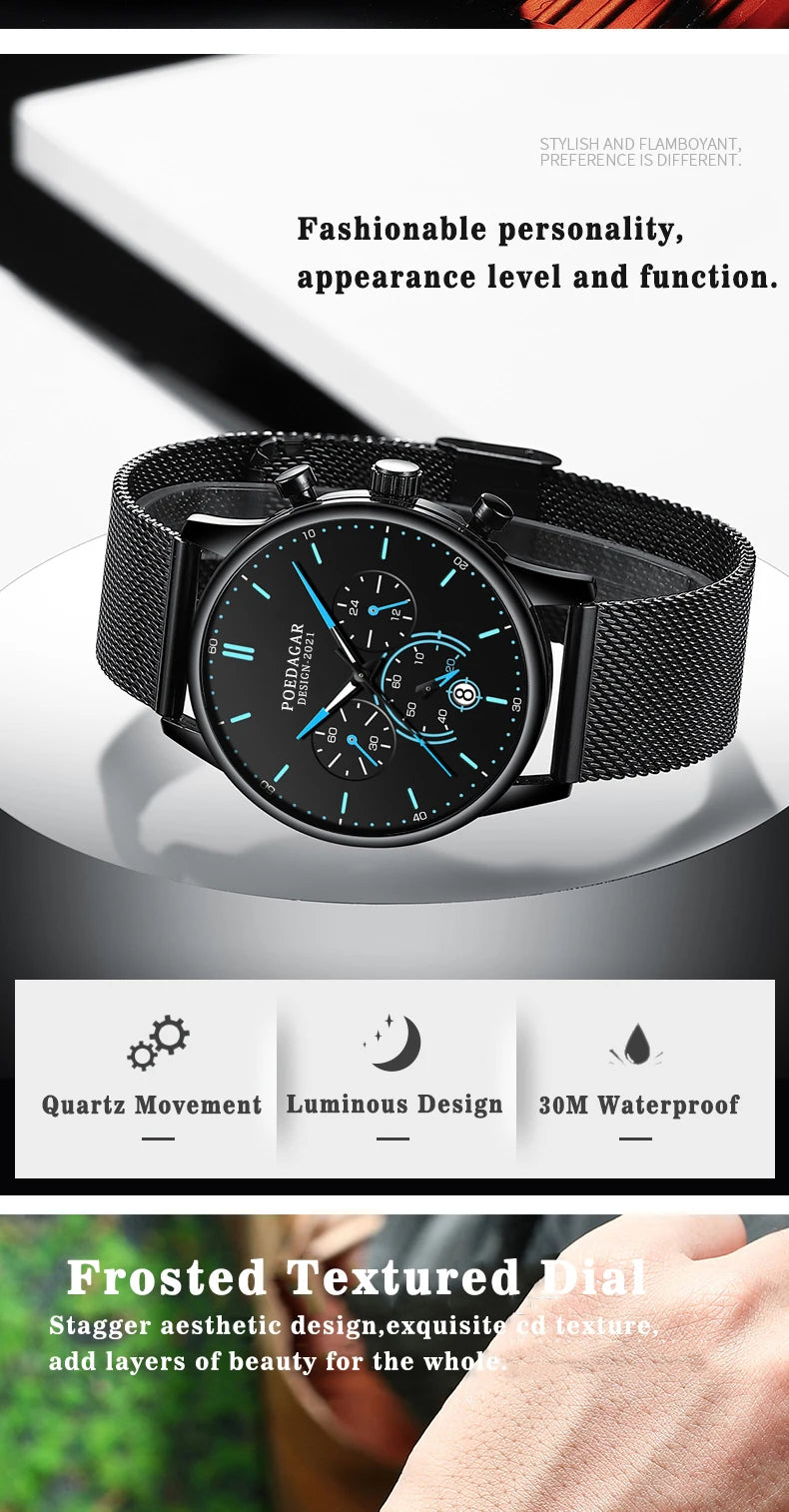 POEDAGAR Men Watch Fashion Chronograph Slim Stainless Steel Mesh Quartz Men's Wristwatch Waterproof Luminous Date Sport Watch