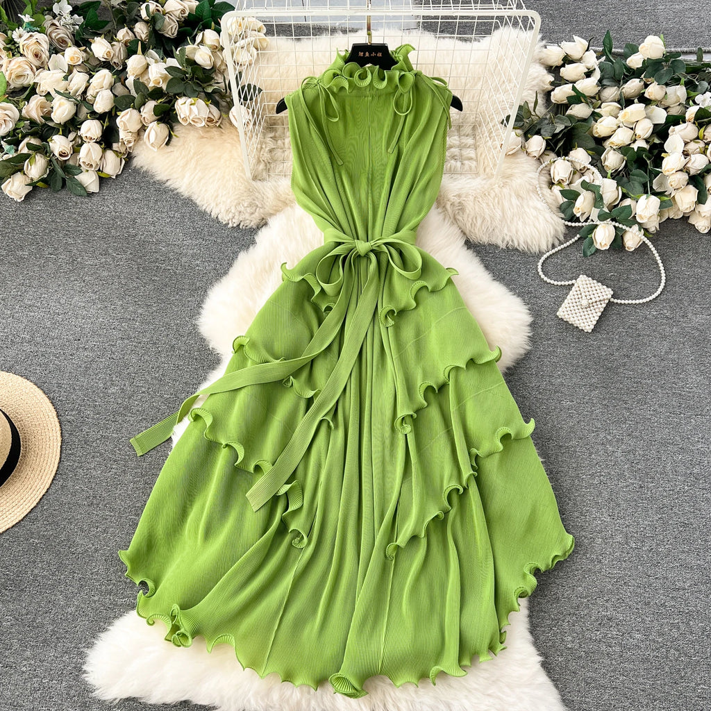 LE2509 Exquisite Chiffon Midi Pleated Dress Lady Elegant Lotus Collar Evening Gown Lady Boutique Socialite Holiday Banquet Dress