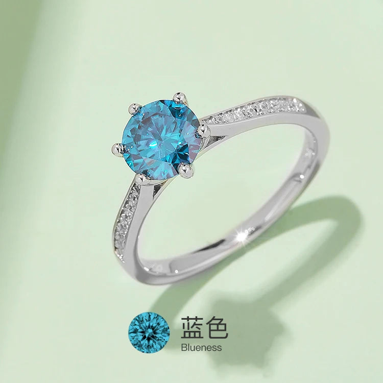 Sliver 925 High Quality 1CT Round Shape Fancy Color Moissanite Classic Style Rings Engagement Wedding Jewelry Ring Birthday Gift