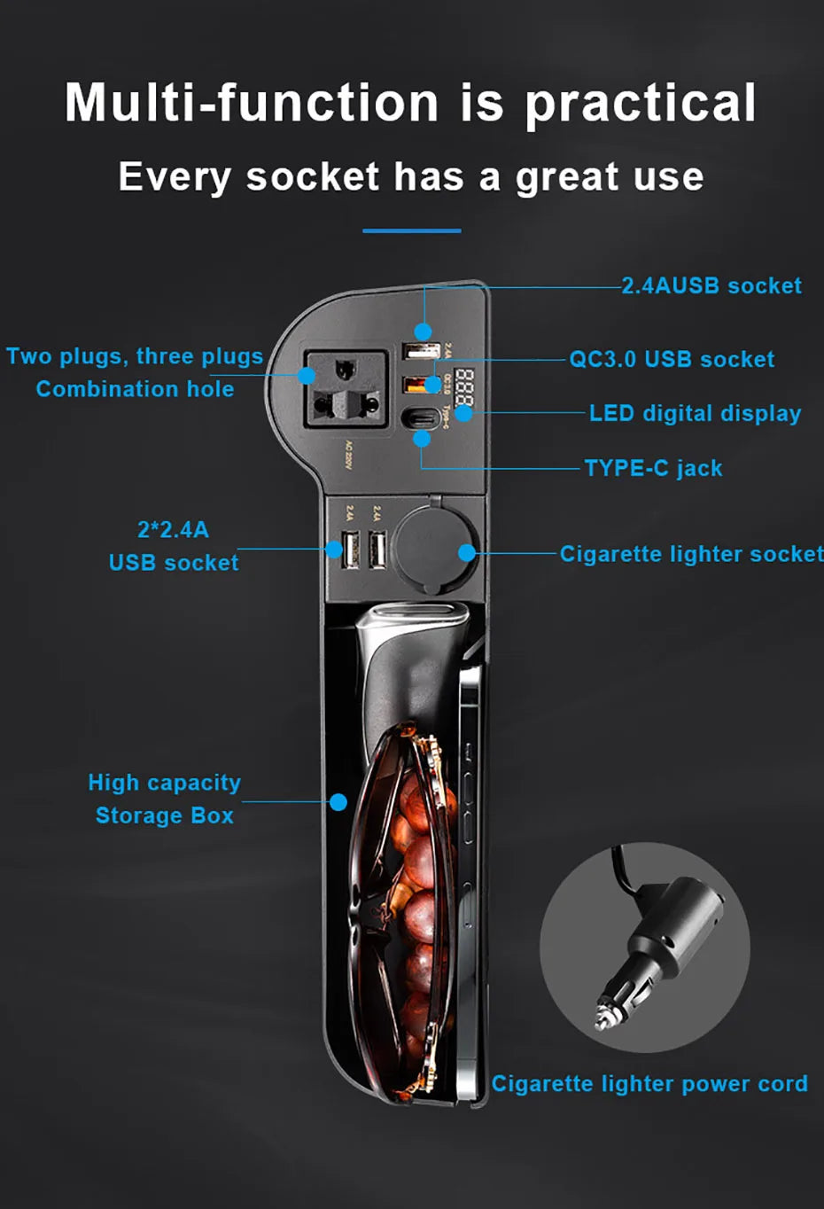 SEAMETAL Car Organizer with 12V/24V to 220V Inverter Seat Crevice Storage Box 4-USB Ports QC3.0 Fast Charging for Smartphone
