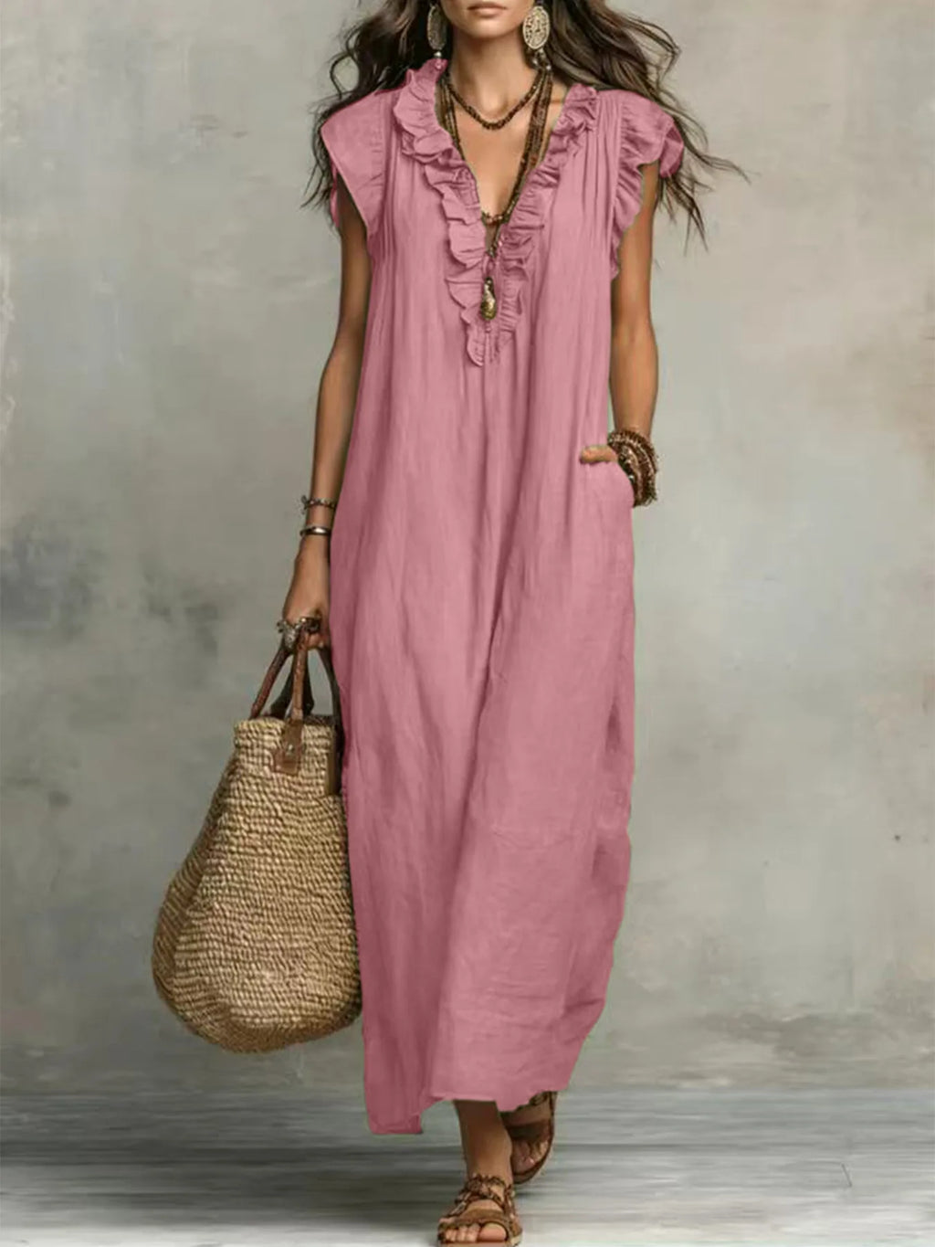 Bohemian Style Ruffle Trim Maxi Dress Women Casual Loose Summer Linen Dress