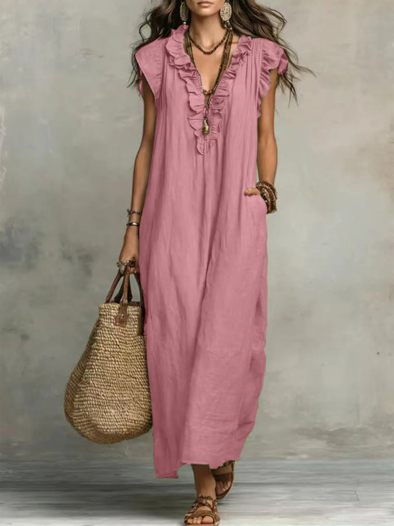 Bohemian Style Ruffle Trim Maxi Dress Women Casual Loose Summer Linen Dress