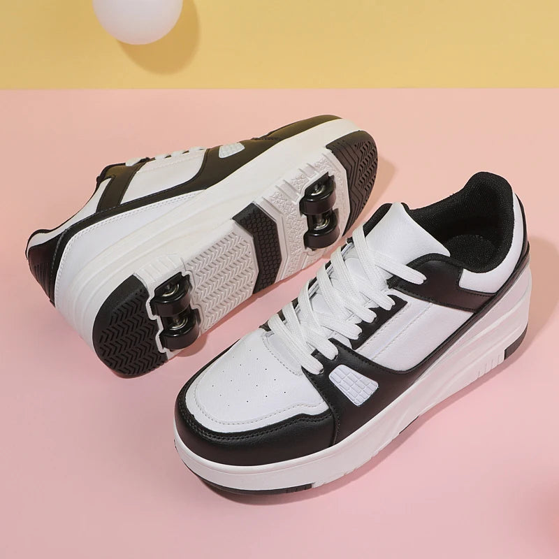 High Quality Four-Wheel Rampage Leather Sports Shoes for Boys and Girls Explosive Sneakers with TPR Sole for Roller Skating
