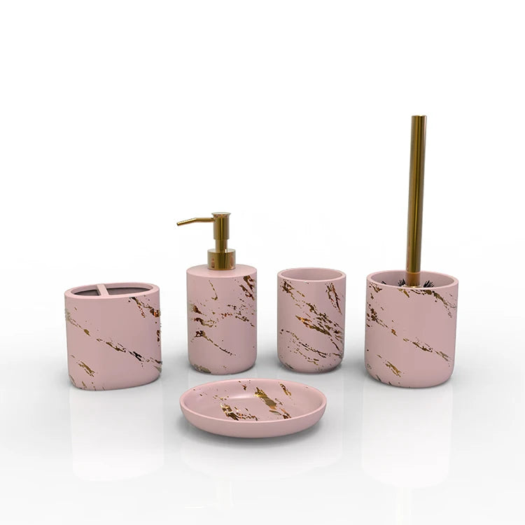 Modern Gold Marble Design Five-piece Eco-Friendly Dolomite Ceramic Custom Color Table Top Bathroom Accessories Set Decal Custom