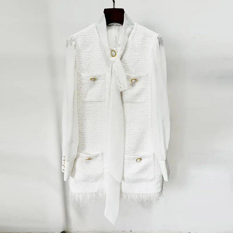 Bettergirl Women Autumn and Winter New Fashion Elegant White Short Dress Feather Hem Chiffon Patchwork Tweed Dress
