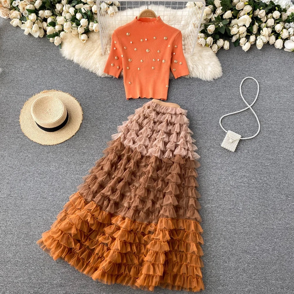 New Products Female Knitted Top Beaded Small Sweater Ladies French Retro Cake Skirt Two Piece Set