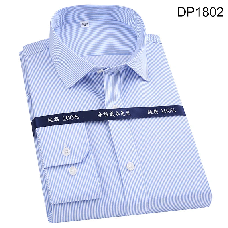 Men's Classic Long Sleeve Striped Dress Shirt Non Iron Regular Formal Business Social Button-up Easy Care Luxury Cotton Shirts