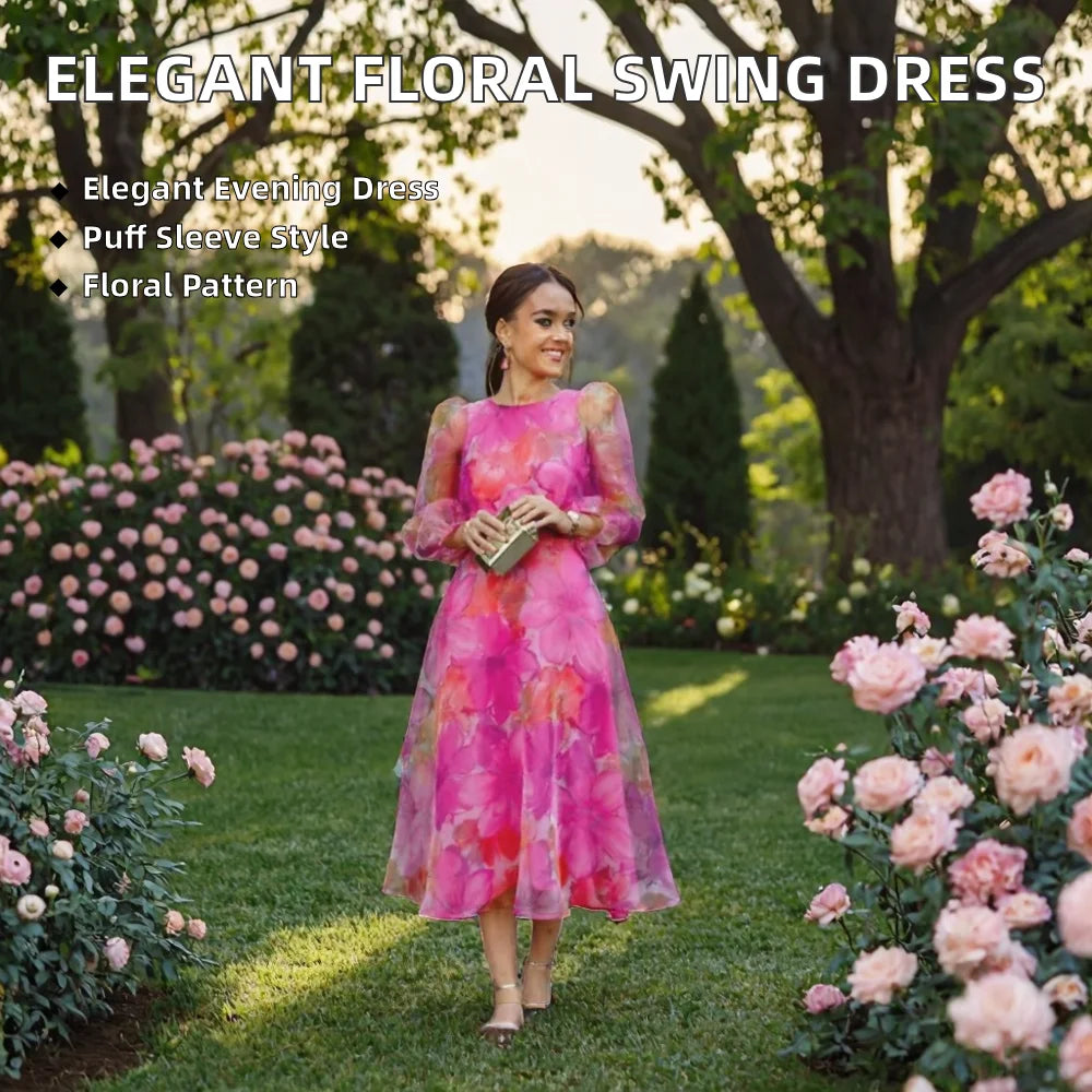 Lady Elegant Evening O-Neck Dress Floral Pattern Gauze for Spring Autumn Women's Casual Maxi Dress for Office Streetwear Empire