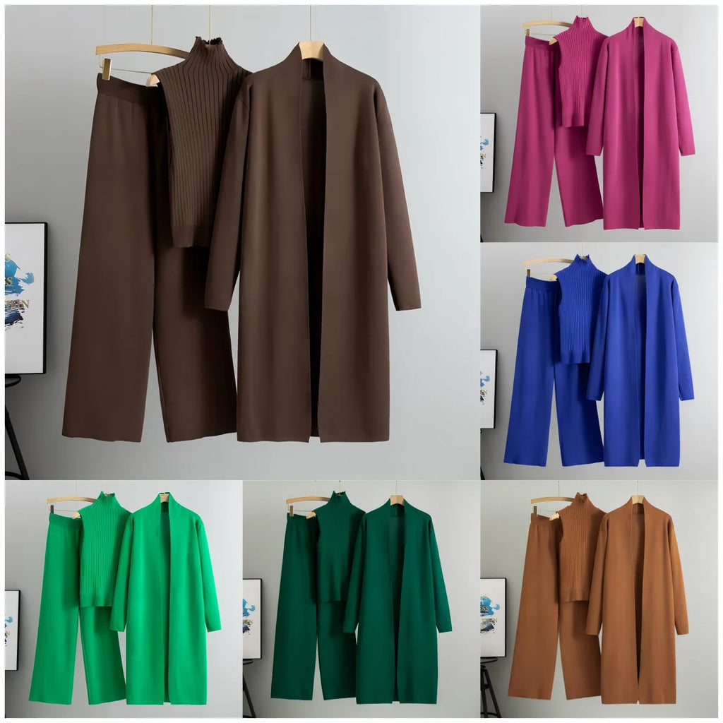 Vintage Fashion Ladies 3-Piece Set Long Cardigan Knitted Pant Ladies Sweater Suit-Casual Spring Autumn Styles