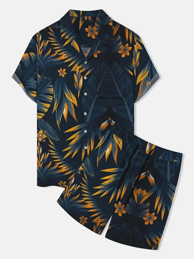 New Men Sets Print Patchwork Lapel Short Sleeve Casual Shirt Beach Shorts Summer Men Streetwear Vacation Hawaiian Suits