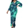 Hot Selling Flower Polynesian Tribal Bell Sleeve V Neck Long Maxi Slit Dress Custom Plus Size Womens Dresses Island Style Dress