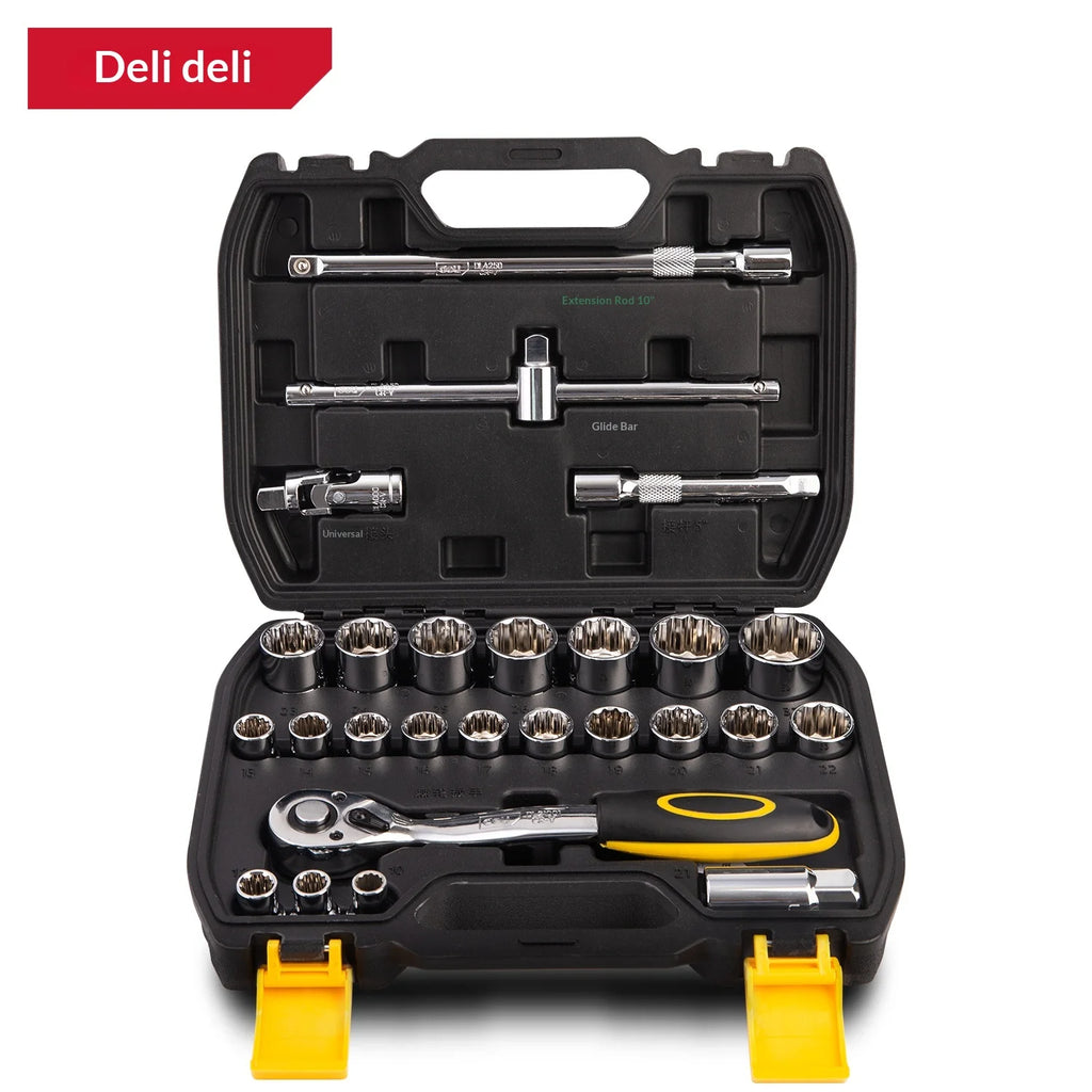 Deli Machine Repair Car Repair Toolbox Ratchet Multi-Function Socket Wrench Set DL2026T Made in Mainland China