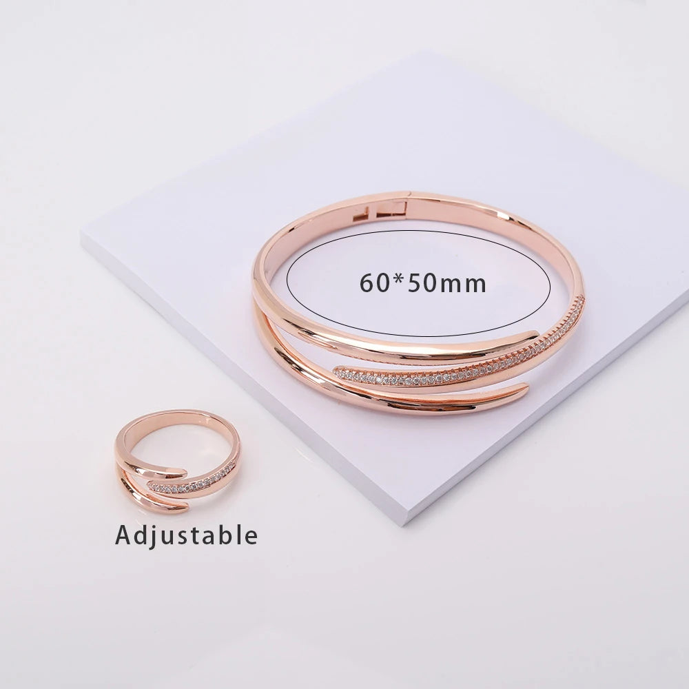 011857 Women Fashion Bracelet Ring Sets Cubic Zircon Bangle Rings Set for Women Cuff Design Jewelry Set for Party Daily Life