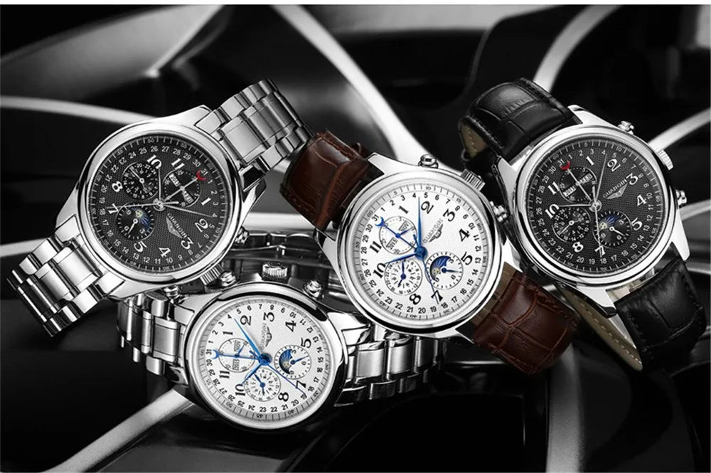 GUANQIN Leather Steel Mechanical Sapphire Men Watches Top Brand Luxury Waterproof Automatic Wristwatch Calendar Moon Phase