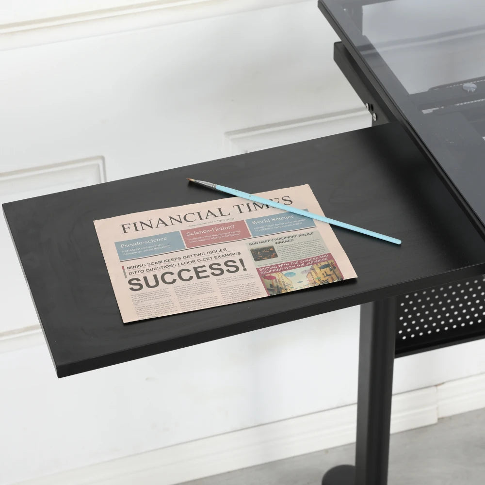 Hand Crank Adjustable Drafting Table Drawing Desk with 2 Metal Drawers (BLACK)WITH STOOL