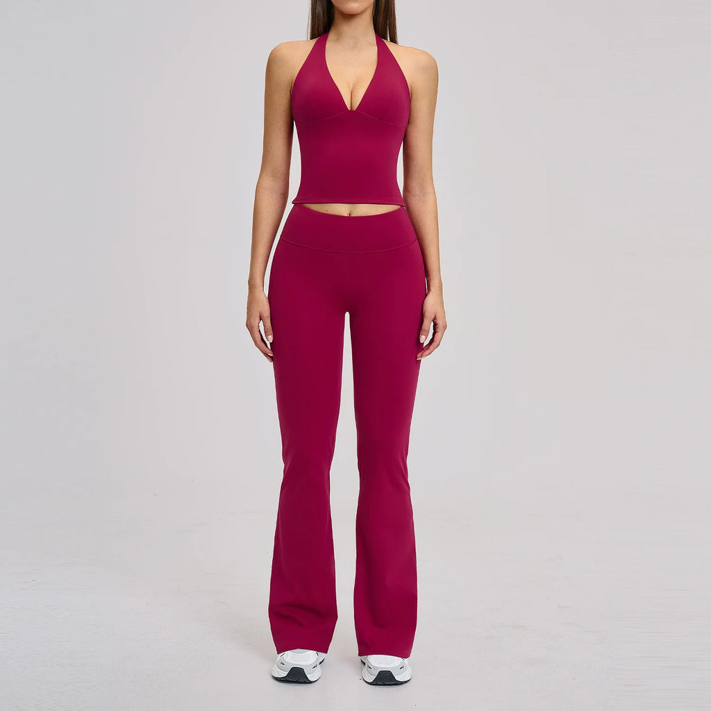 Women's Halter Backless Brushed Flare Yoga Set High Waist Flared Pants Workout Running Outfit