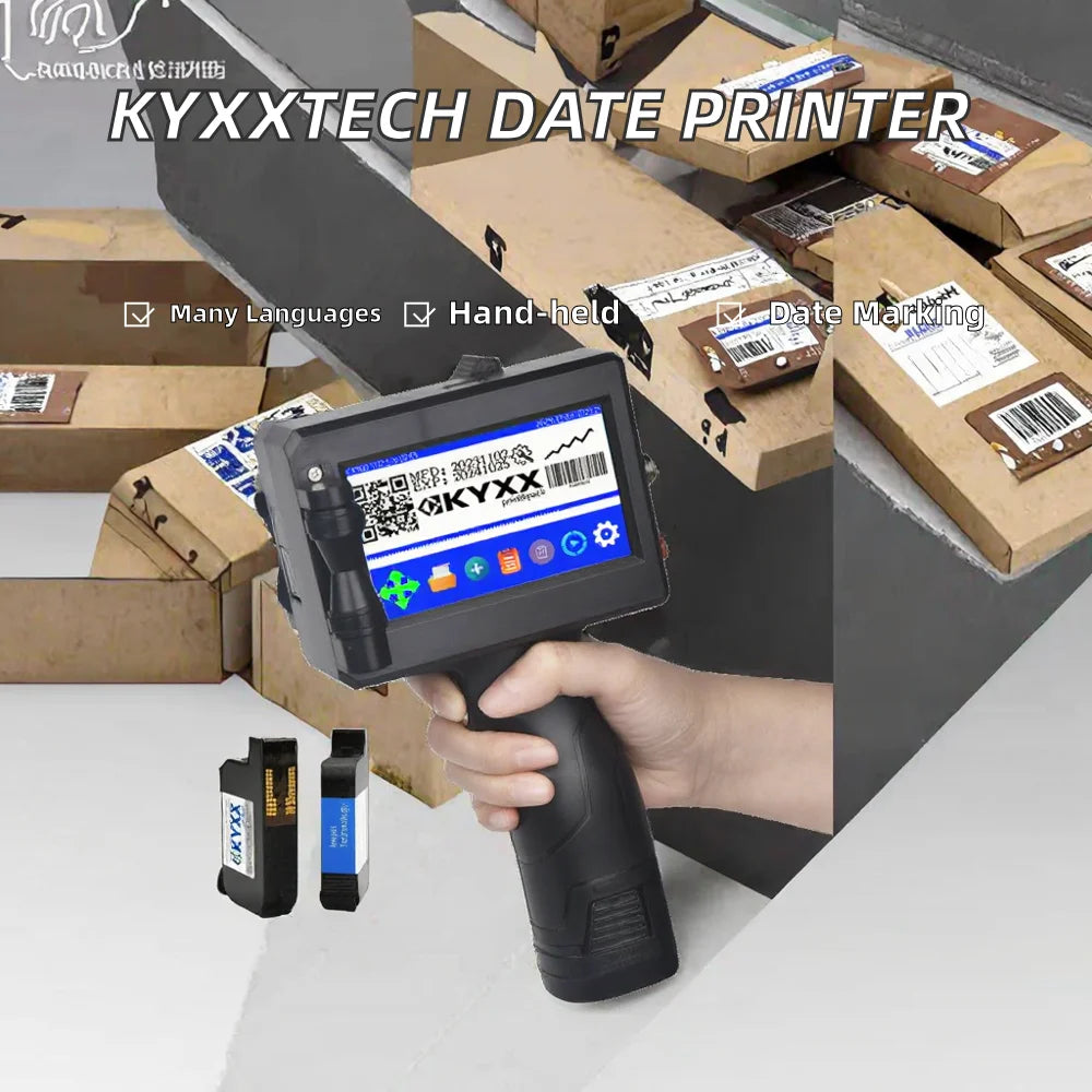 PM KYXXTECH Multi Language Hand-held Print Date Coder Batch Number Inkjet Printer Carton Packaging Box Inkjet Gun LOGO 110V/220V