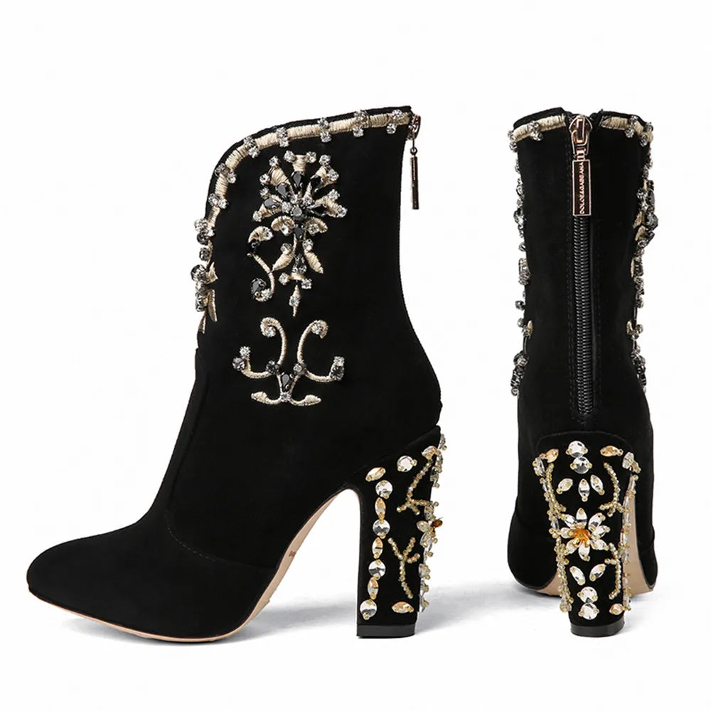 MILI-MIYA Fashion Women Kid Suede Ankle Boots Zipper Round Toe Crystal Square Heels Spring/Autumn Party Shoes Plus Size 34-43