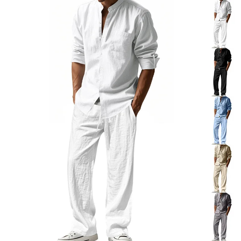 New Mens Suit Linen Casual Loose Breathable Long Sleeves Shirt and Trousers Two-Piece Set Beach Suit