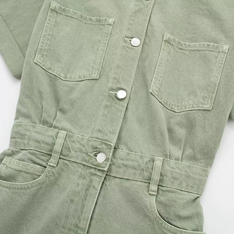 ZATRHMBM Women's Clothing 2025 Spring New Fashion Denim Short Jumpsuit Retro High Waist Zipper Placket Ladies Jumpsuit Mujer