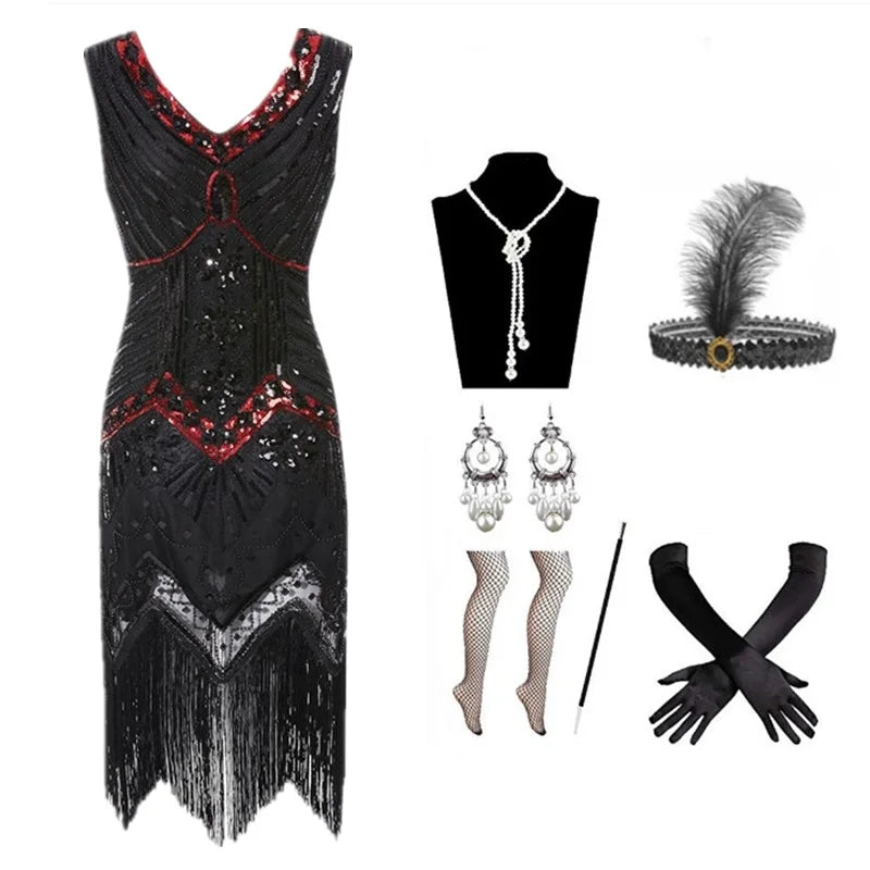 Halloween Cosplay Dress for Women 1920s Vintage Flapper Long Fringe Beaded Gatsby Party Dress With 20s Accessories Set