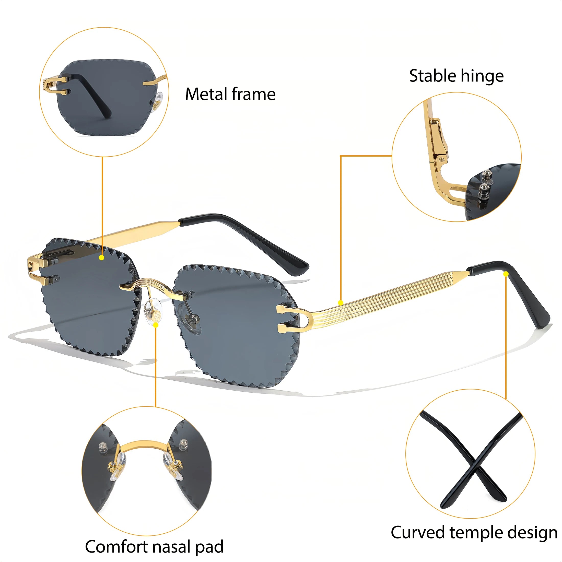 HBK 2025 Unisex Frameless Sunglasses Black PC Alloy Pink Blue Gradient Lens Polygon Rimless Design New Style Street Snap Men